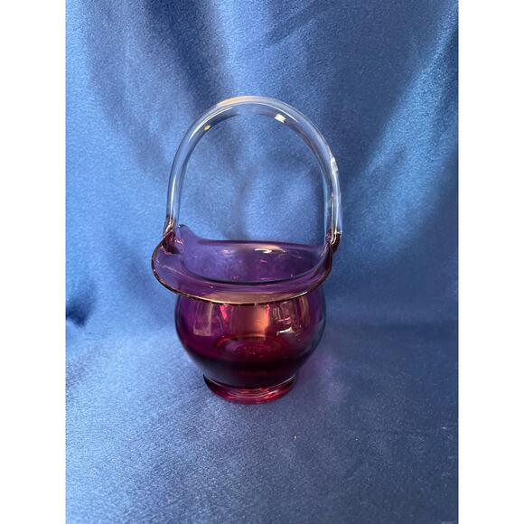 Pilgrim Art Glass Cranberry Basket with Clear Handle - Picture 4 of 7